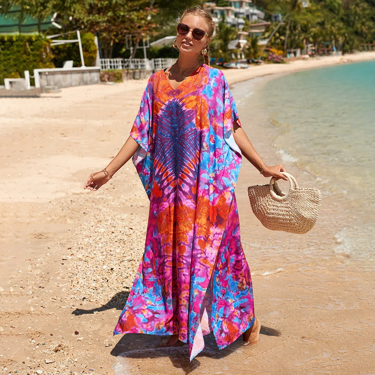 Boho Style Maxi Dress Print Face Swim Suit Cover-up Bohemian Dress
