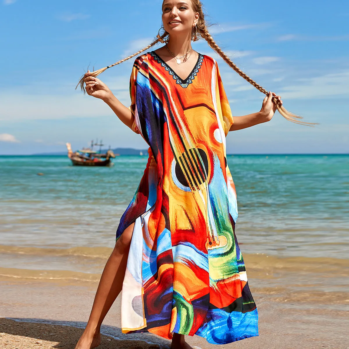 Boho Style Maxi Dress Print Face Swim Suit Cover-up Bohemian Dress