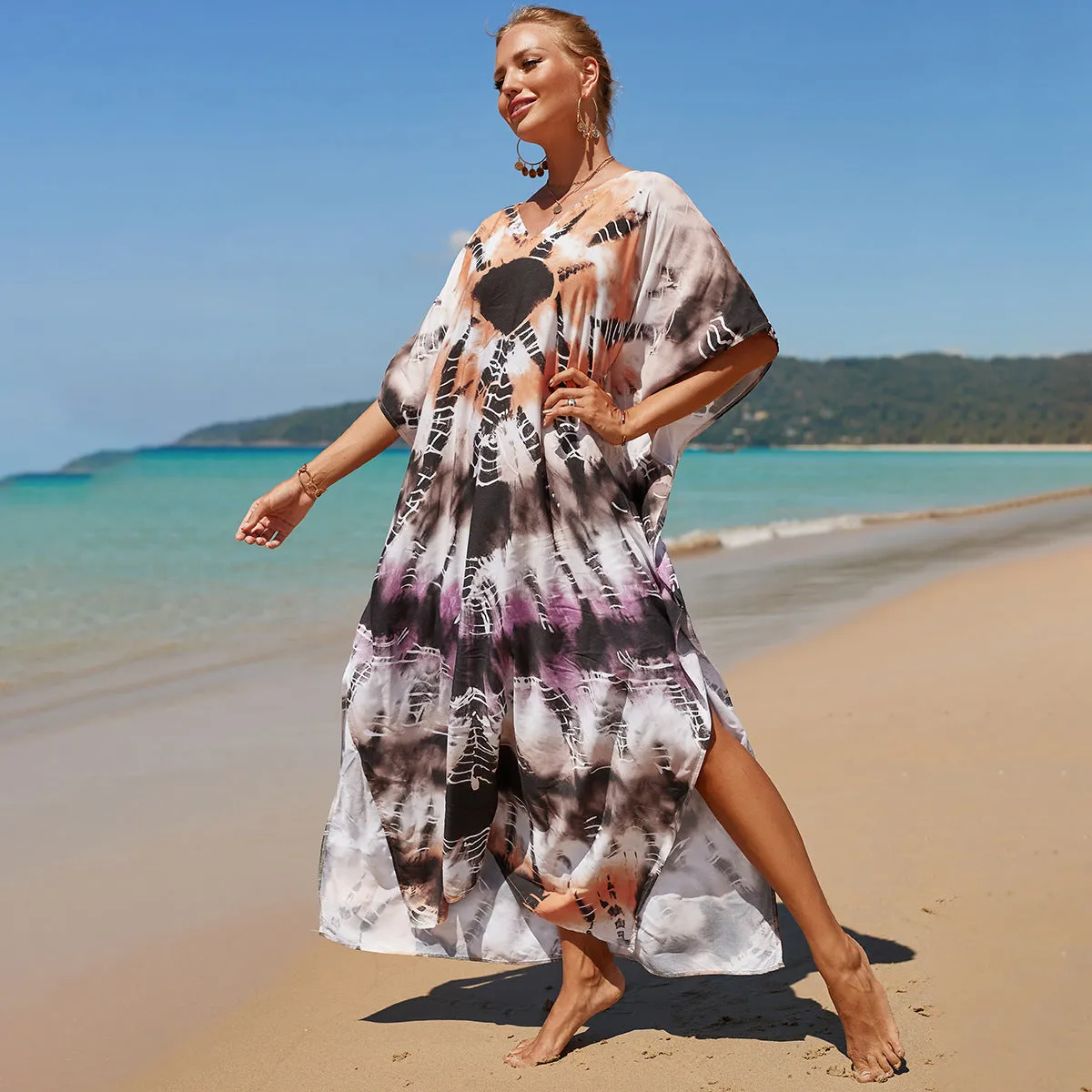 Boho Style Maxi Dress Print Face Swim Suit Cover-up Bohemian Dress