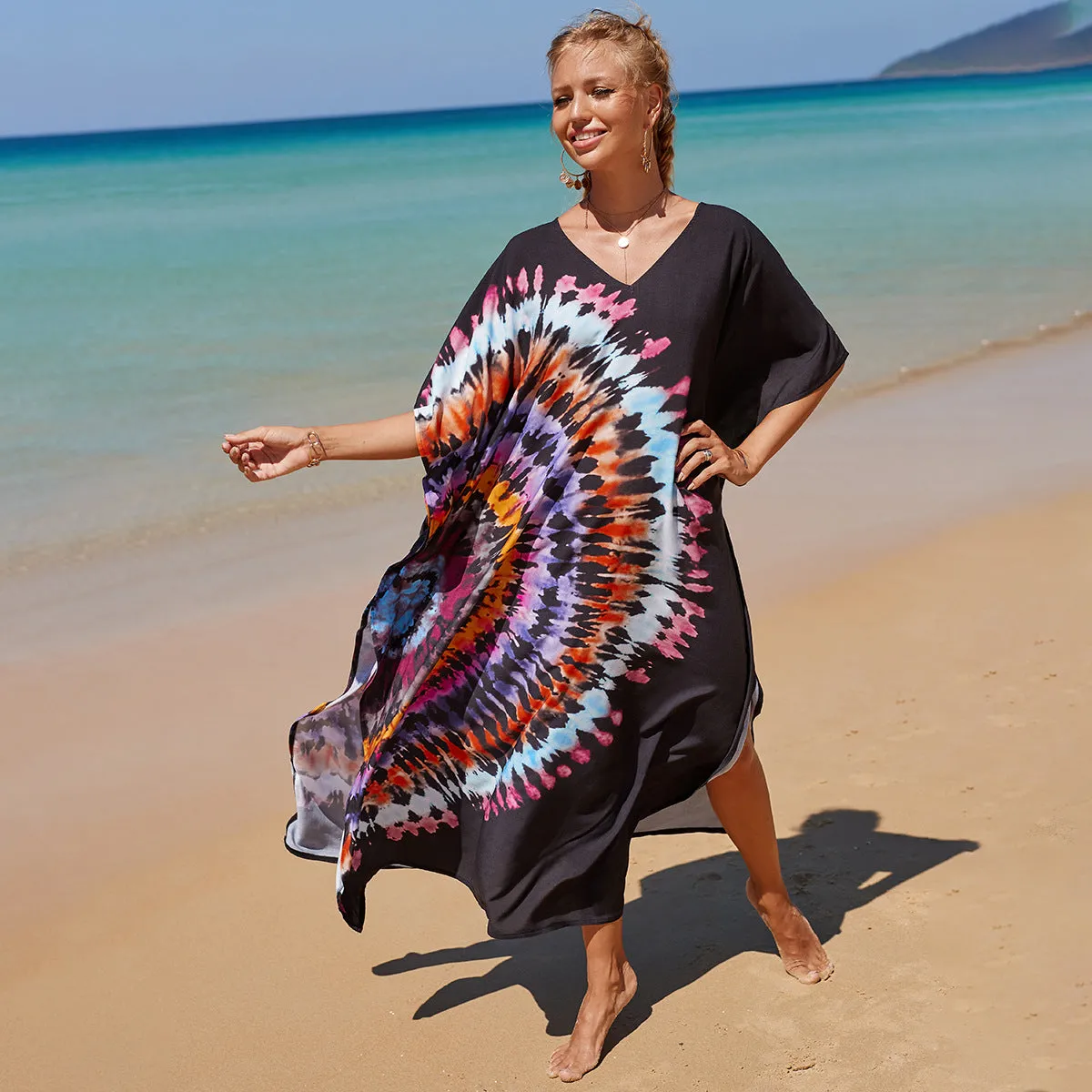 Boho Style Maxi Dress Print Face Swim Suit Cover-up Bohemian Dress