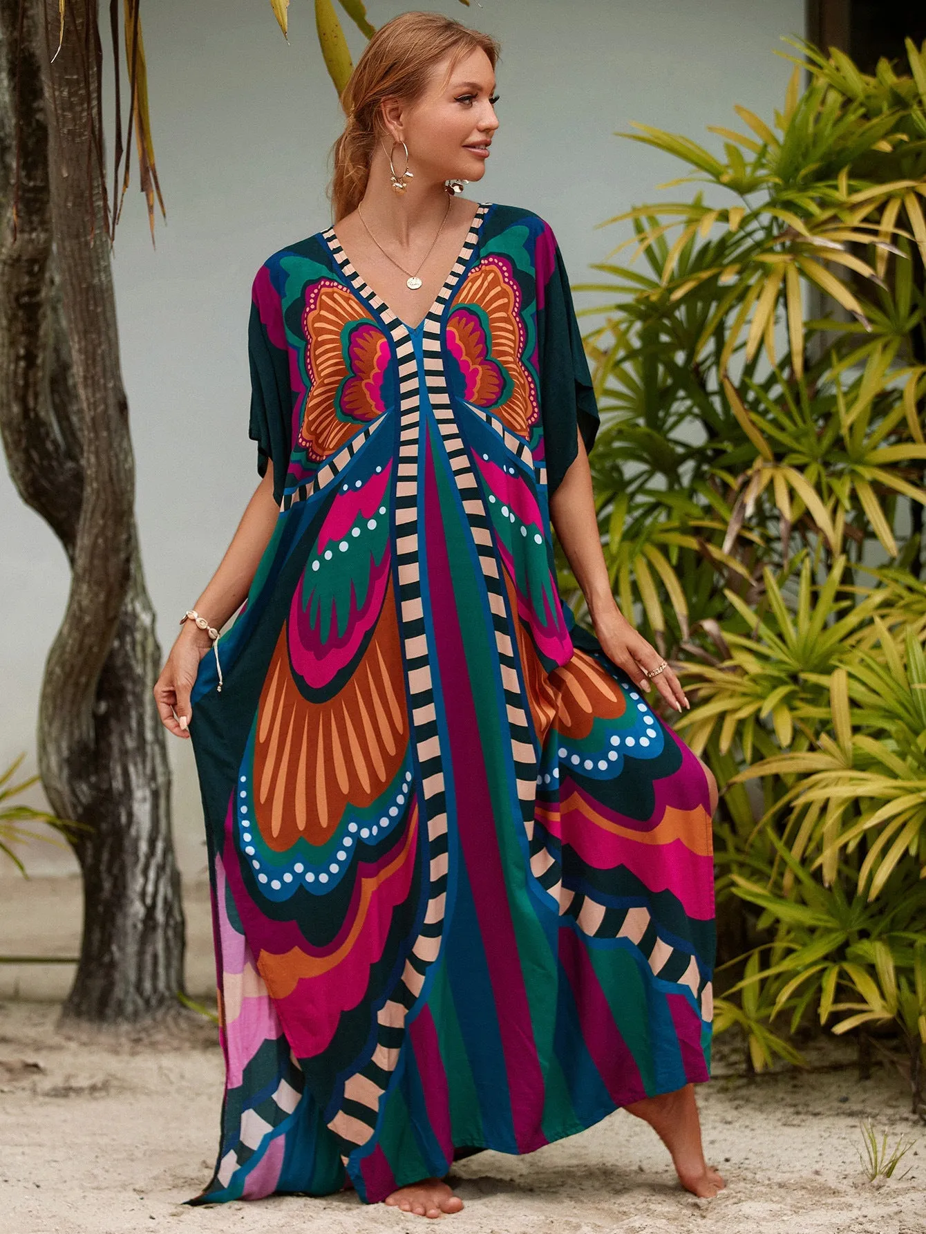 Boho Style Maxi Dress Print Face Swim Suit Cover-up Bohemian Dress