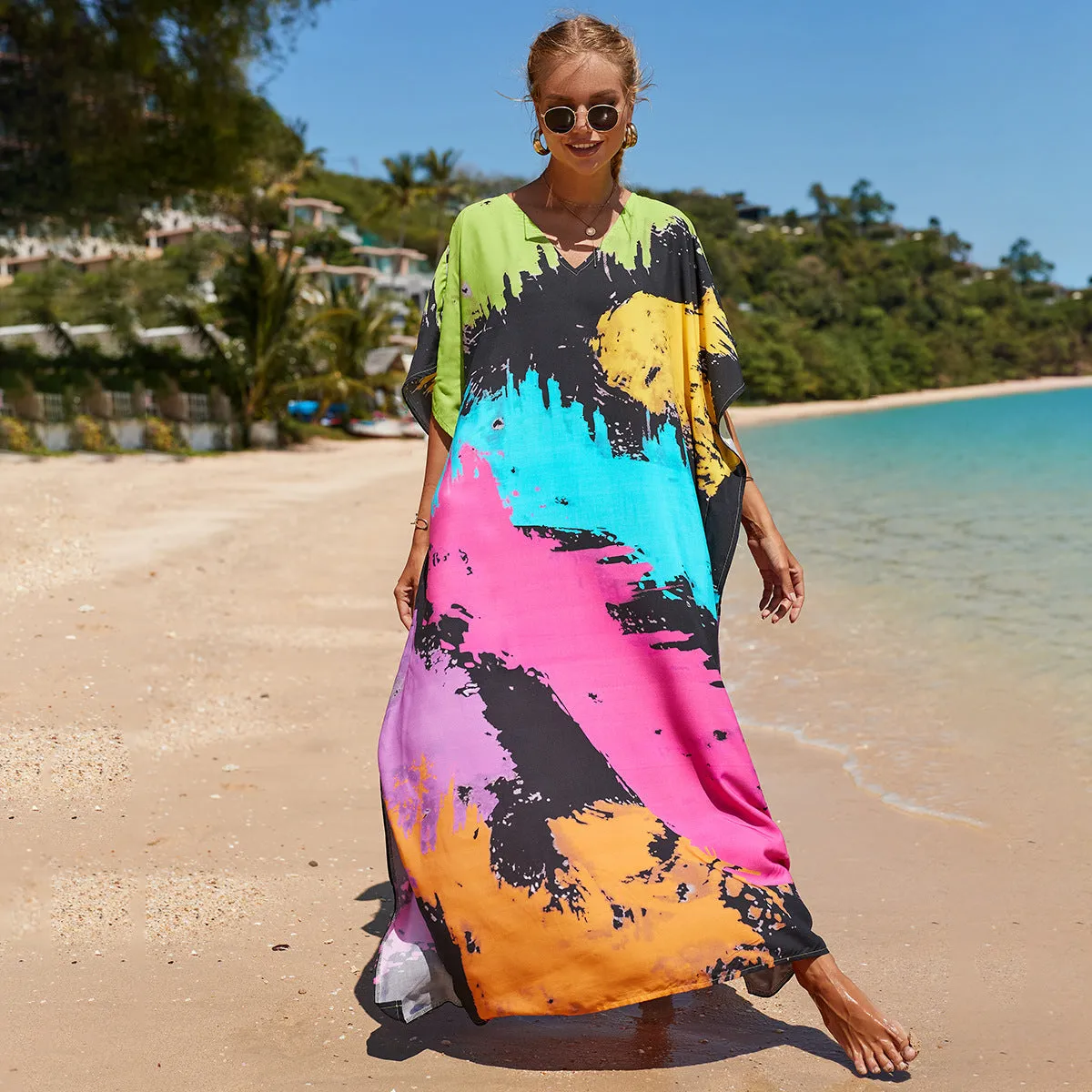 Boho Style Maxi Dress Print Face Swim Suit Cover-up Bohemian Dress