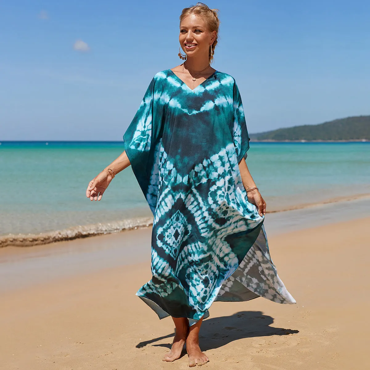 Boho Style Maxi Dress Print Face Swim Suit Cover-up Bohemian Dress