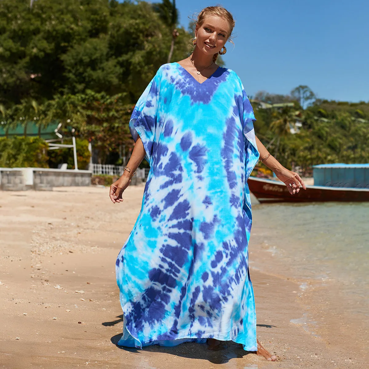 Boho Style Maxi Dress Print Face Swim Suit Cover-up Bohemian Dress