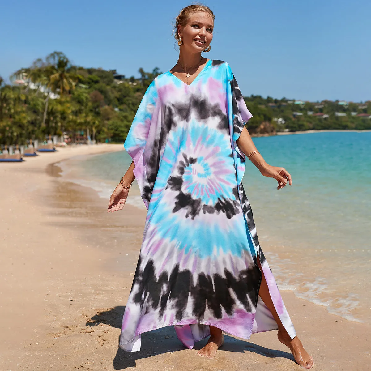 Boho Style Maxi Dress Print Face Swim Suit Cover-up Bohemian Dress