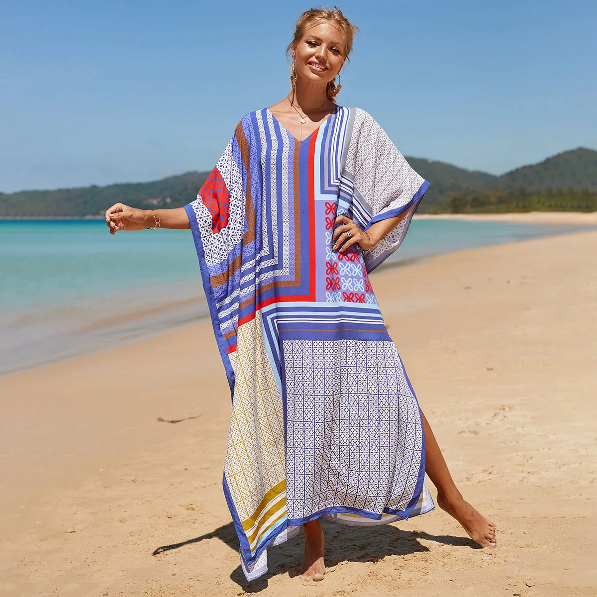 Boho Style Maxi Dress Print Face Swim Suit Cover-up Bohemian Dress