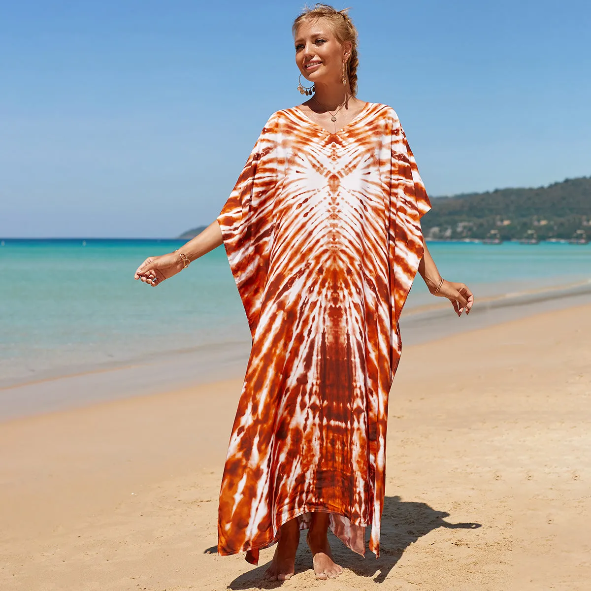 Boho Style Maxi Dress Print Face Swim Suit Cover-up Bohemian Dress