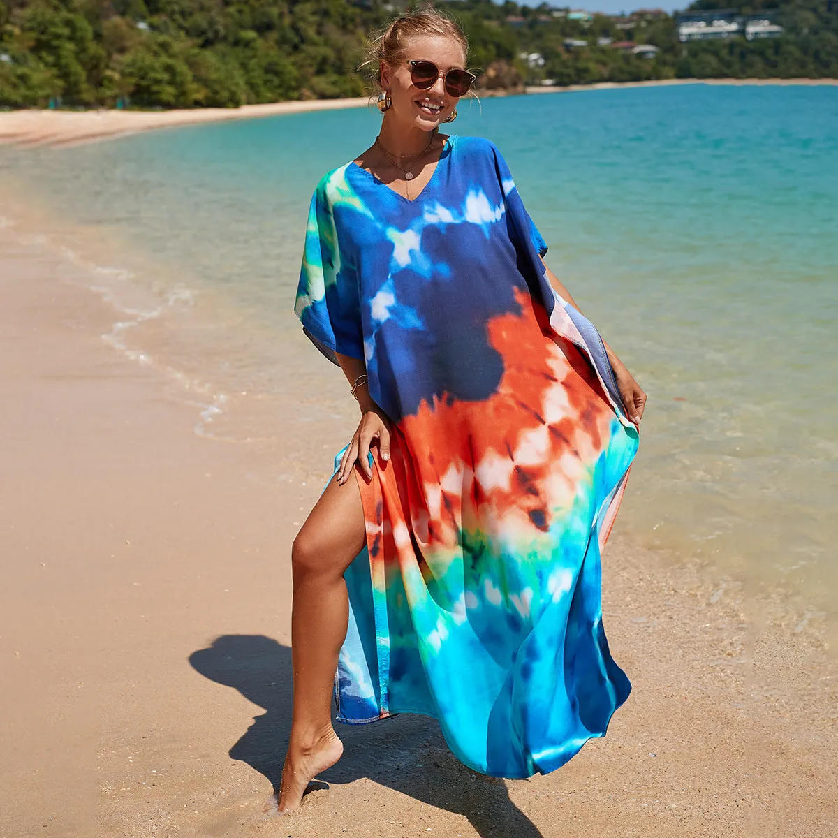 Boho Style Maxi Dress Print Face Swim Suit Cover-up Bohemian Dress