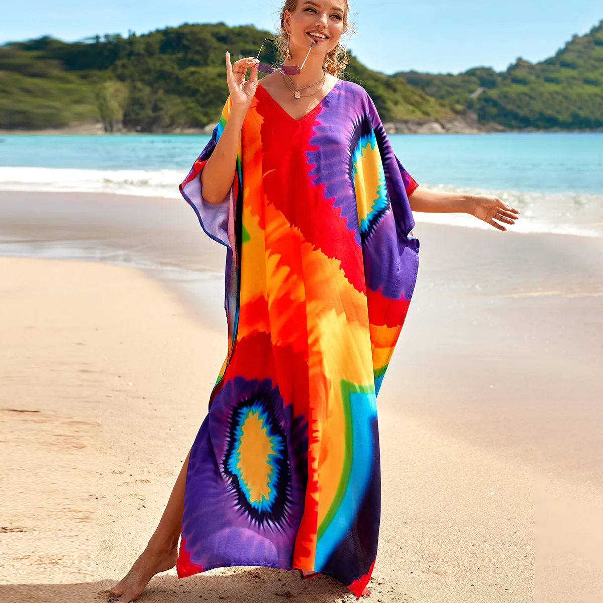 Boho Style Maxi Dress Print Face Swim Suit Cover-up Bohemian Dress