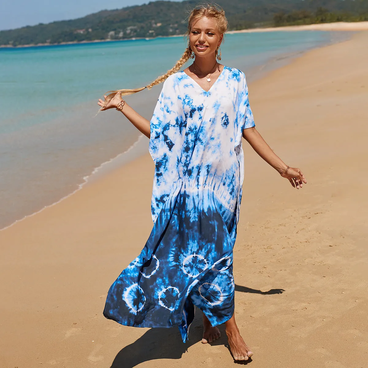 Boho Style Maxi Dress Print Face Swim Suit Cover-up Bohemian Dress