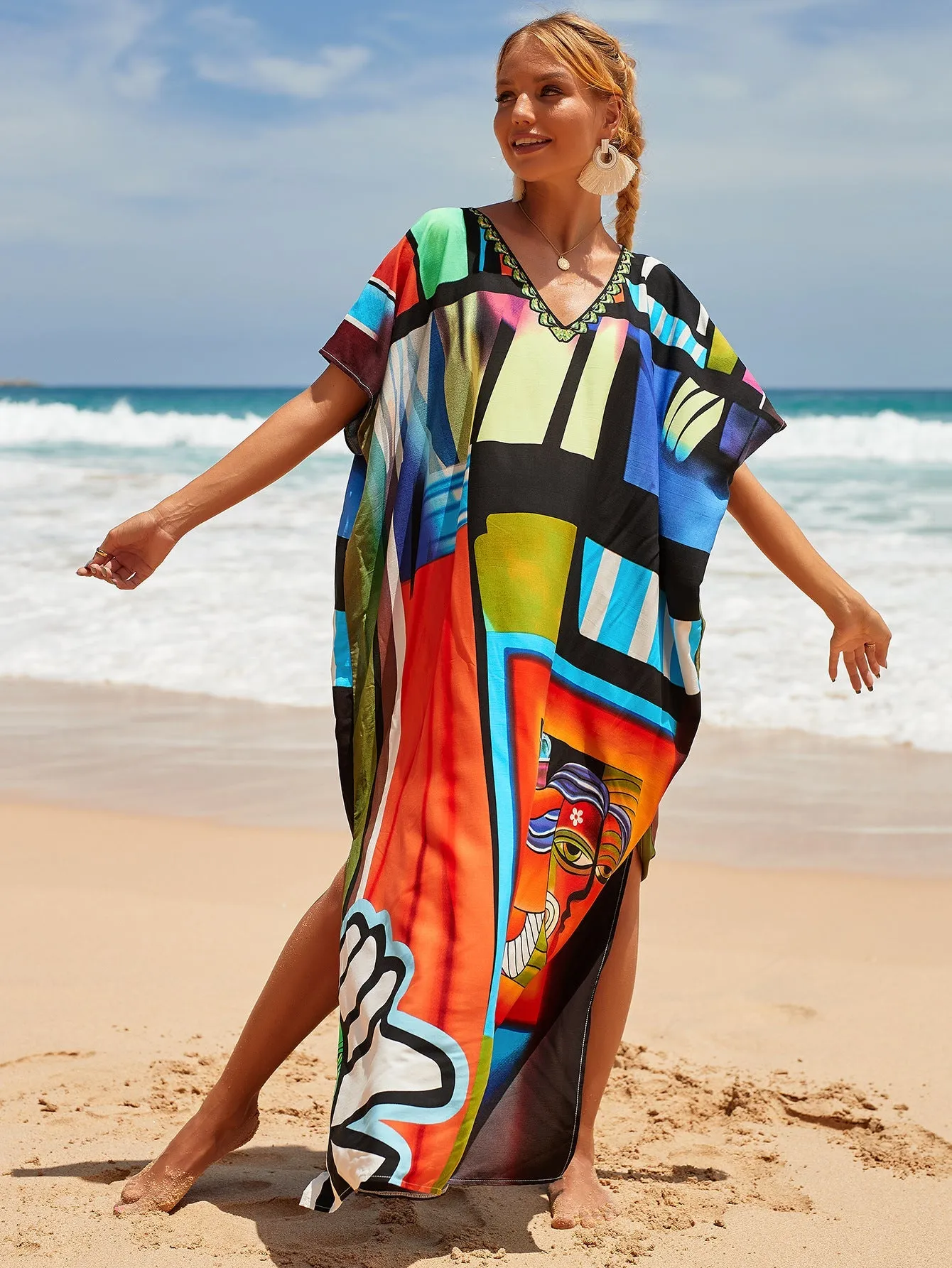 Boho Style Maxi Dress Print Face Swim Suit Cover-up Bohemian Dress