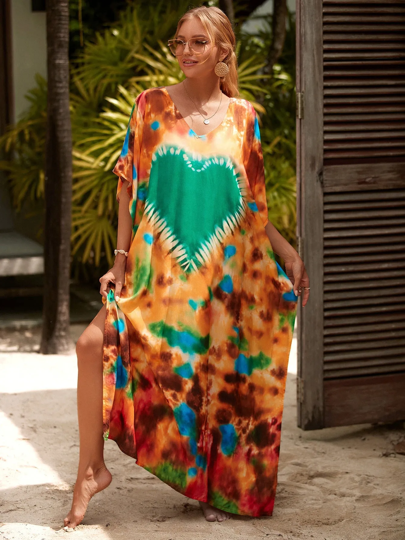 Boho Style Maxi Dress Print Face Swim Suit Cover-up Bohemian Dress