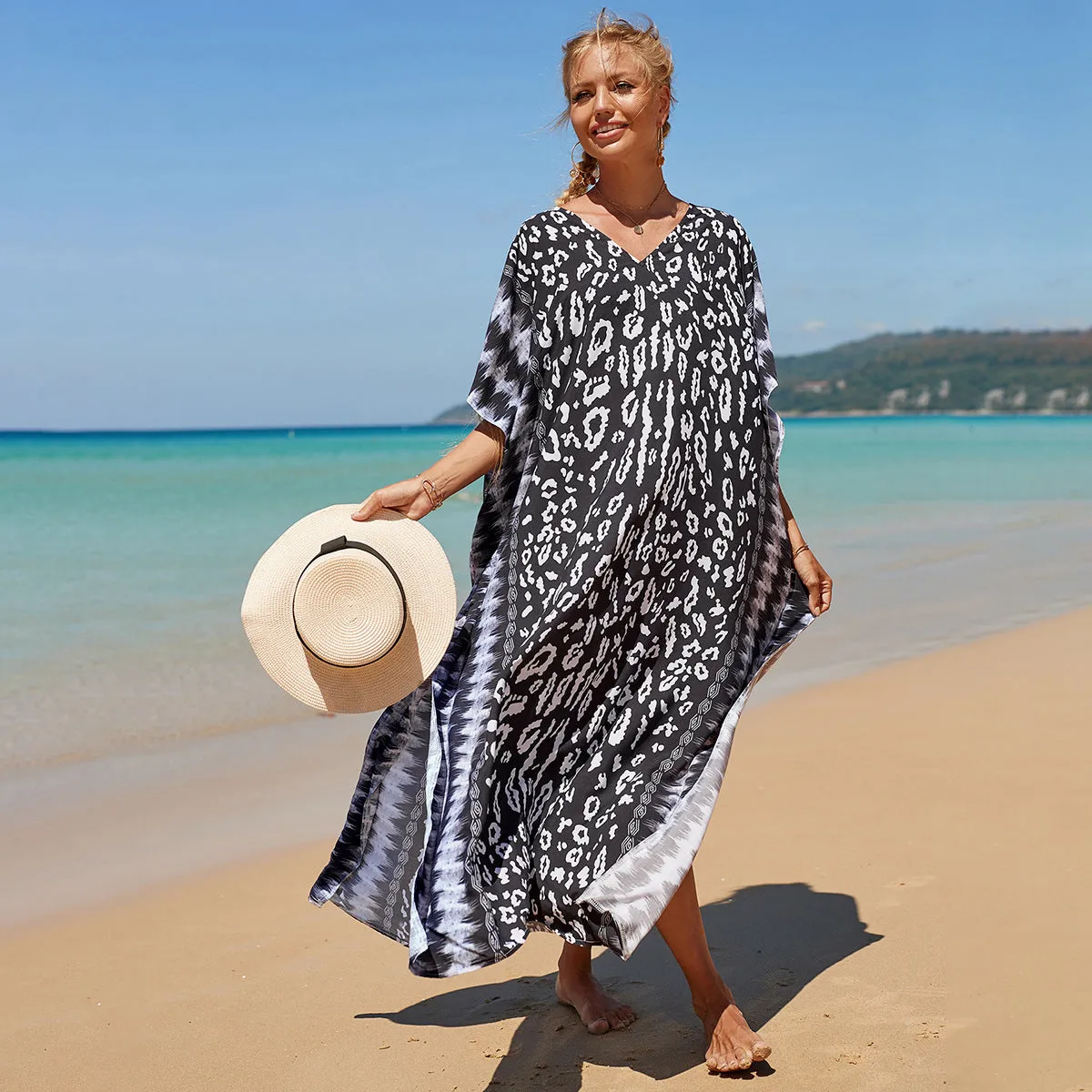 Boho Style Maxi Dress Print Face Swim Suit Cover-up Bohemian Dress