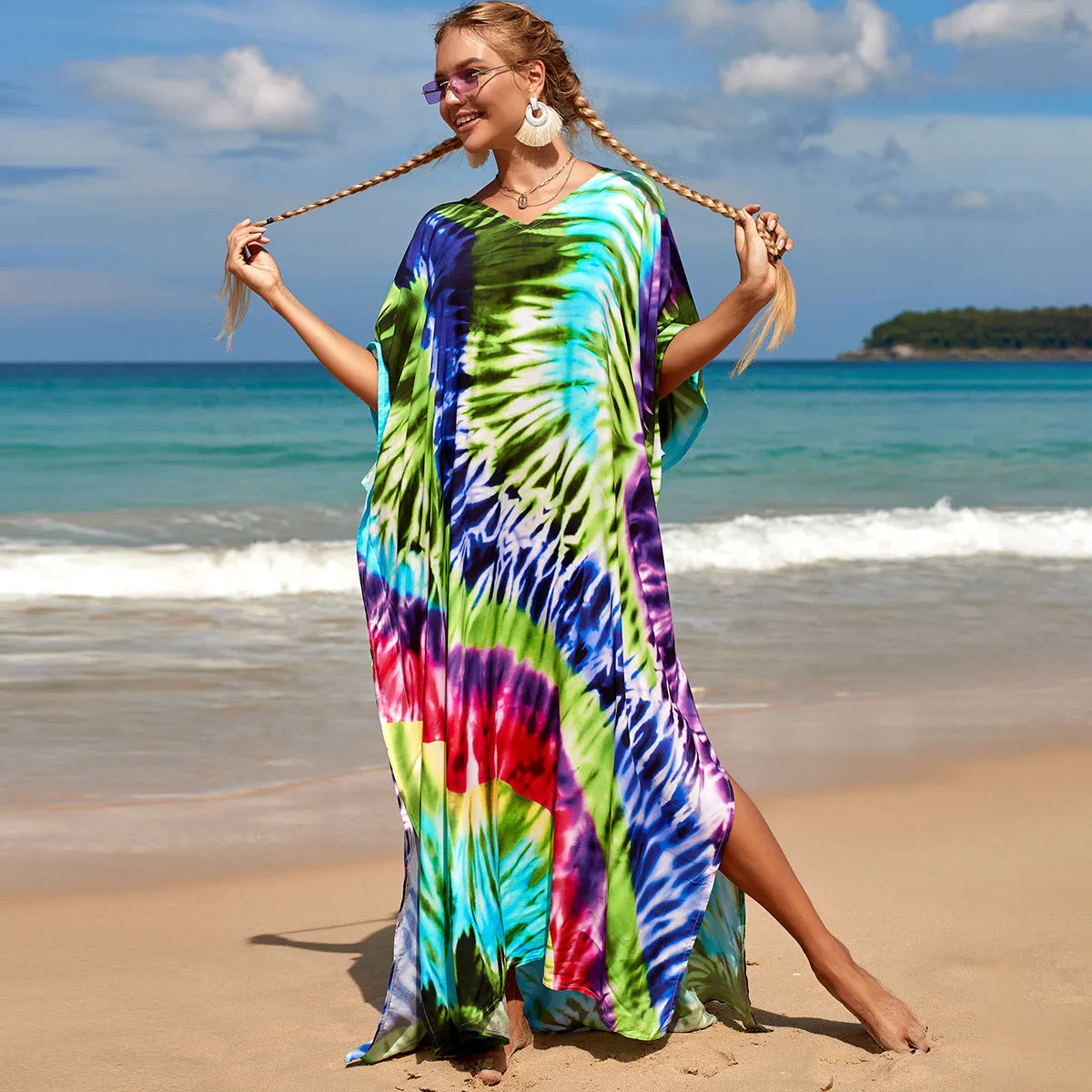 Boho Style Maxi Dress Print Face Swim Suit Cover-up Bohemian Dress