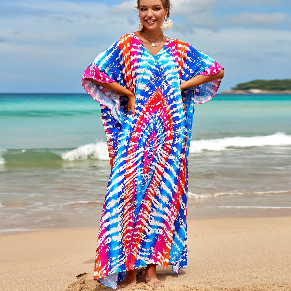Boho Style Maxi Dress Print Face Swim Suit Cover-up Bohemian Dress