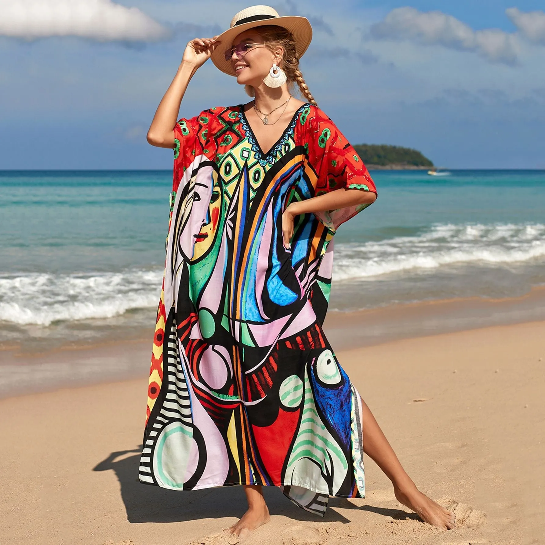 Boho Style Maxi Dress Print Face Swim Suit Cover-up Bohemian Dress