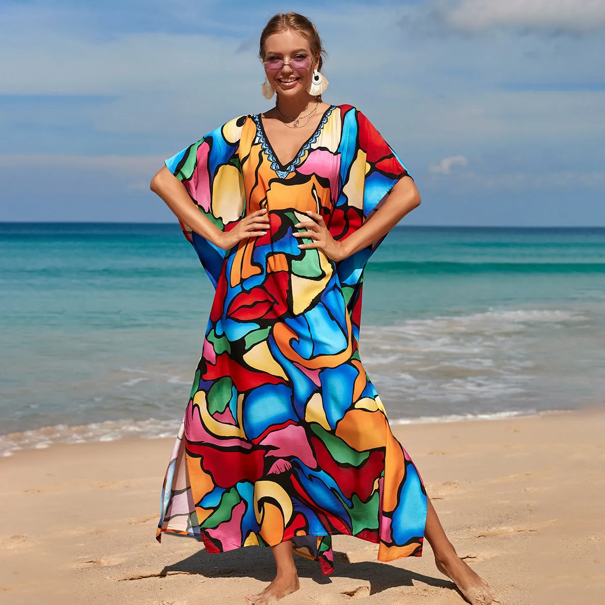 Boho Style Maxi Dress Print Face Swim Suit Cover-up Bohemian Dress