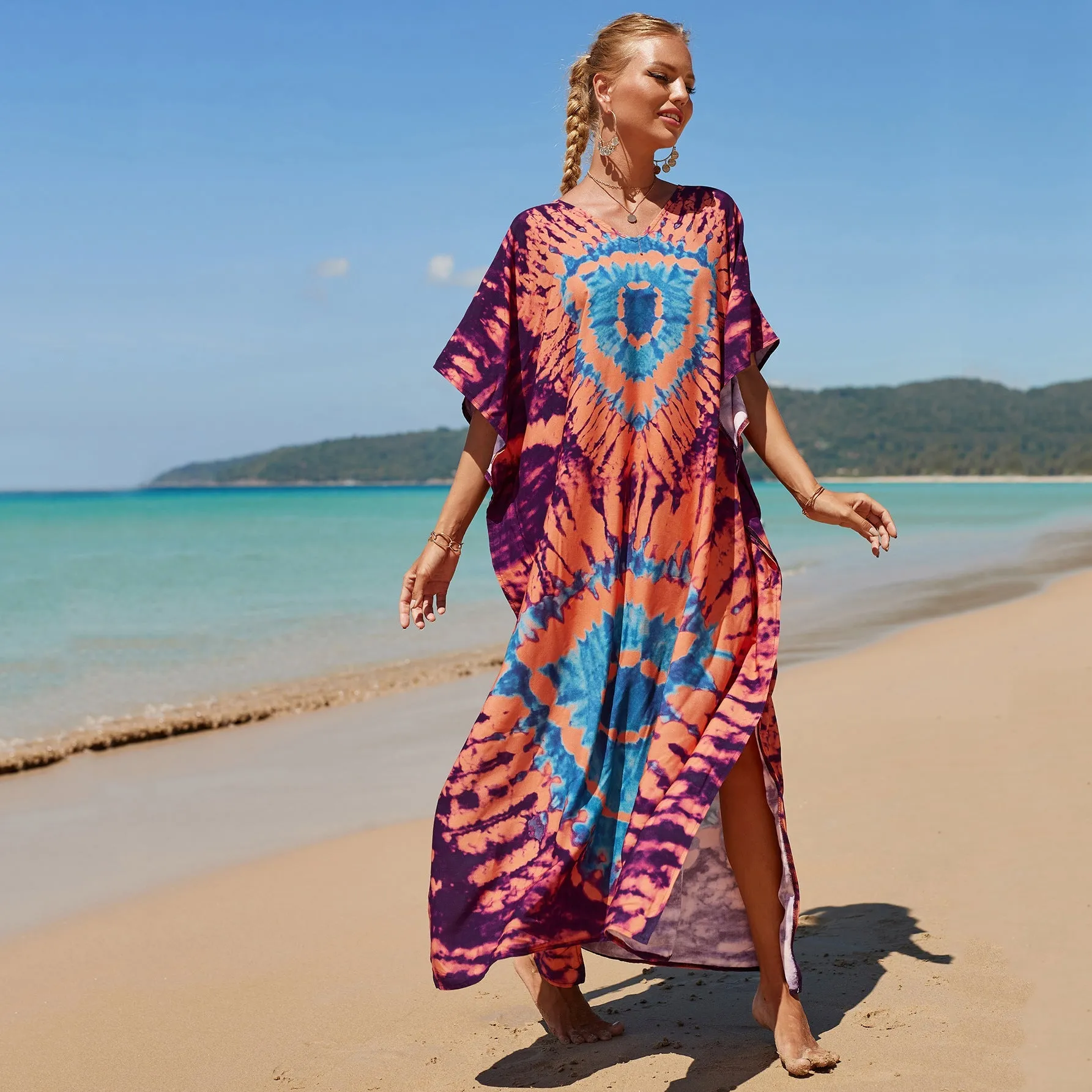 Boho Style Maxi Dress Print Face Swim Suit Cover-up Bohemian Dress