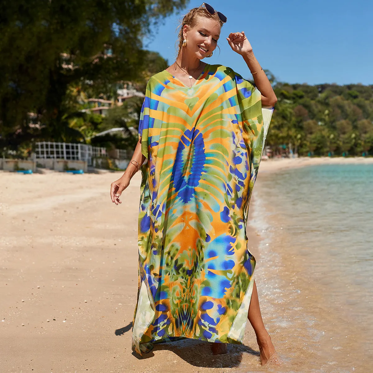 Boho Style Maxi Dress Print Face Swim Suit Cover-up Bohemian Dress