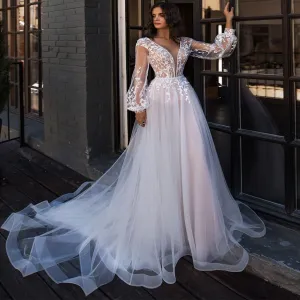 Boho Wedding Dress Puff Long Sleeves