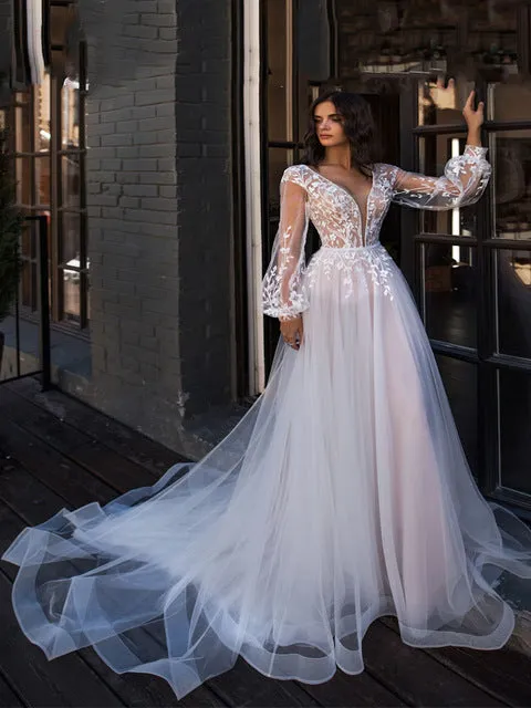 Boho Wedding Dress Puff Long Sleeves