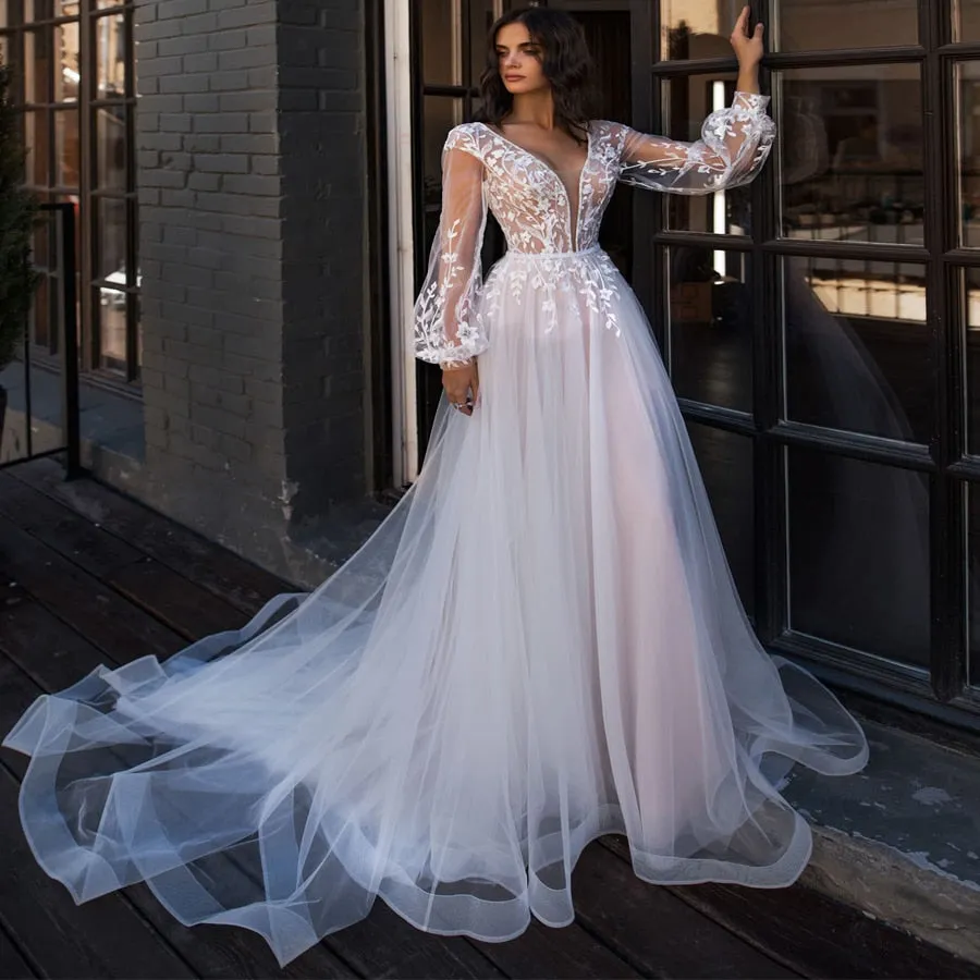 Boho Wedding Dress Puff Long Sleeves
