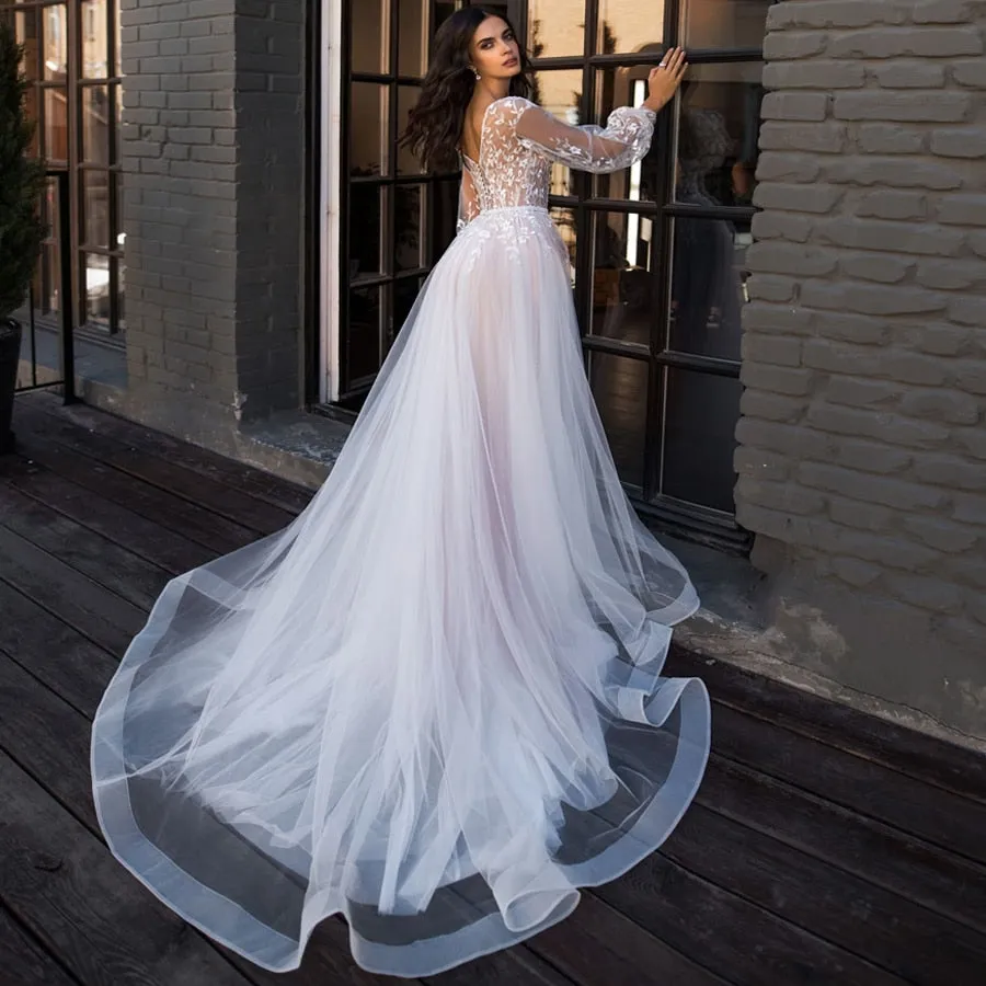Boho Wedding Dress Puff Long Sleeves