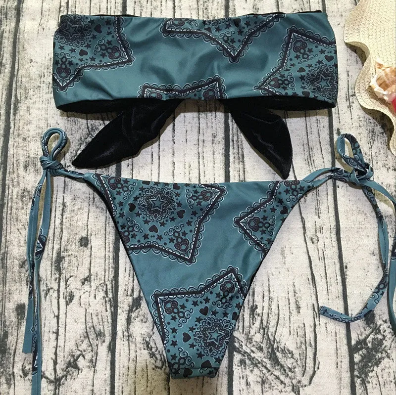 Bow Print Strappy Thong Bottom Tube Bikinis