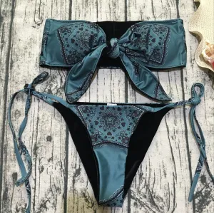 Bow Print Strappy Thong Bottom Tube Bikinis