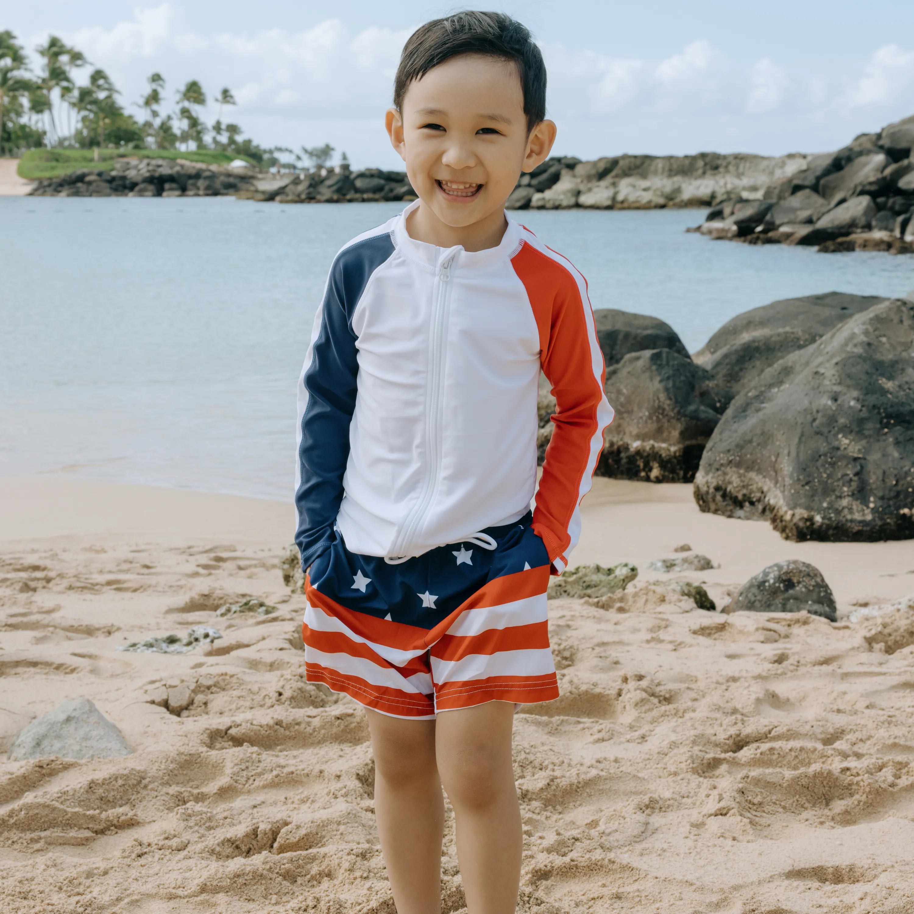 Boys Long Sleeve Zipper Rash Guard and Swim Trunk Set | "Americana"