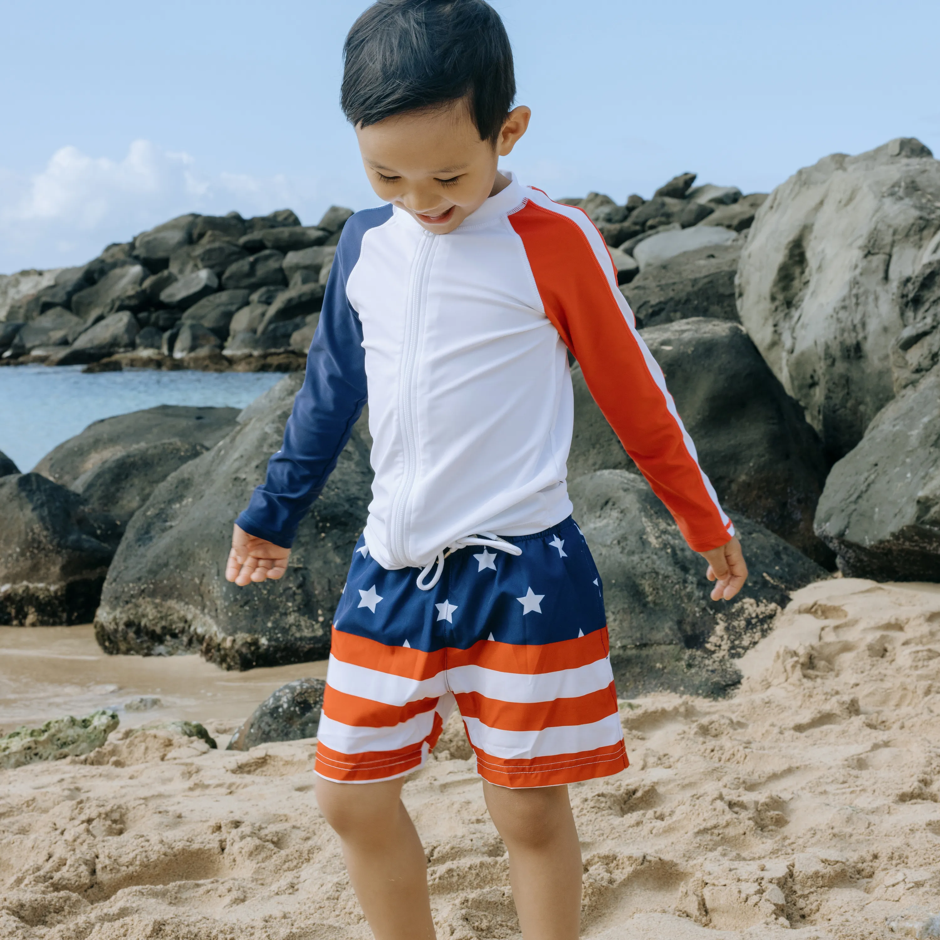 Boys Long Sleeve Zipper Rash Guard and Swim Trunk Set | "Americana"