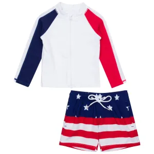 Boys Long Sleeve Zipper Rash Guard and Swim Trunk Set | "Americana"