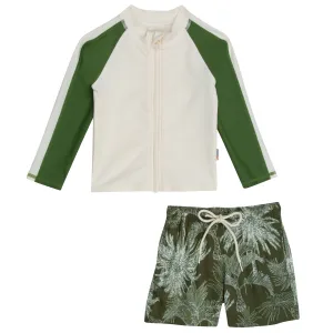 Boys Long Sleeve Zipper Rash Guard and Swim Trunk Set | "Hawaiian Rainforest"