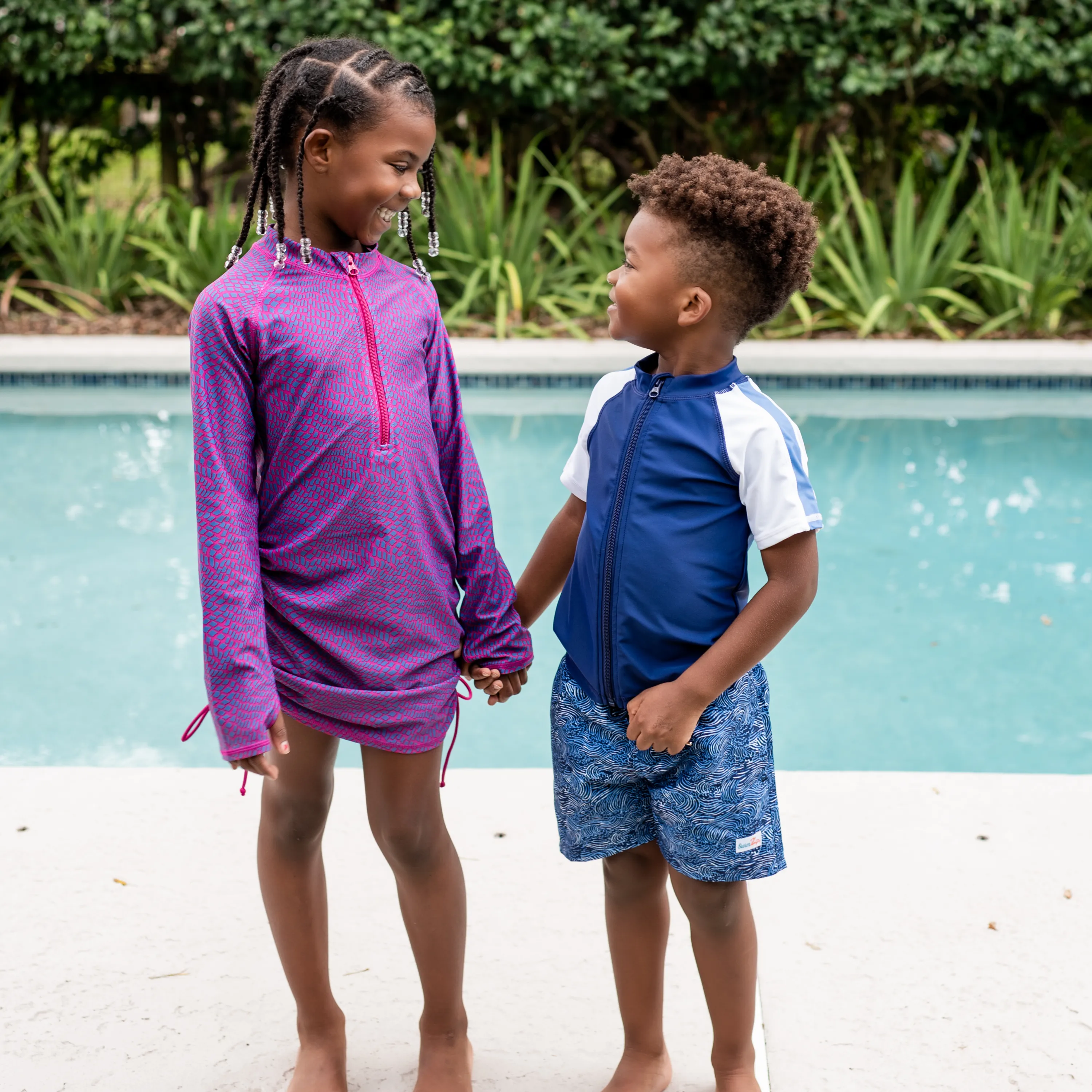 Boys Short Sleeve Zipper Rash Guard and Swim Trunk Set | "Ocean Breeze"