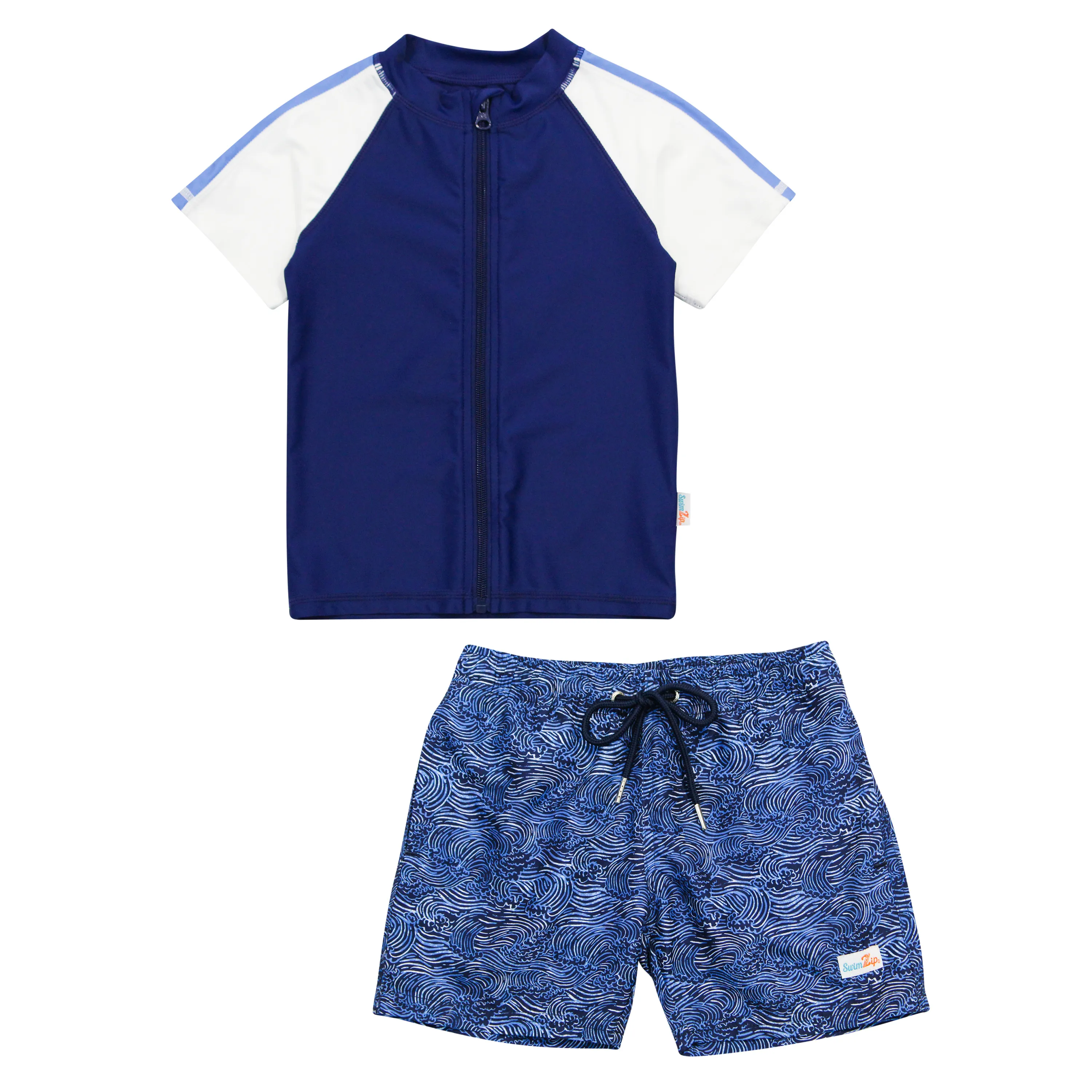 Boys Short Sleeve Zipper Rash Guard and Swim Trunk Set | "Ocean Breeze"
