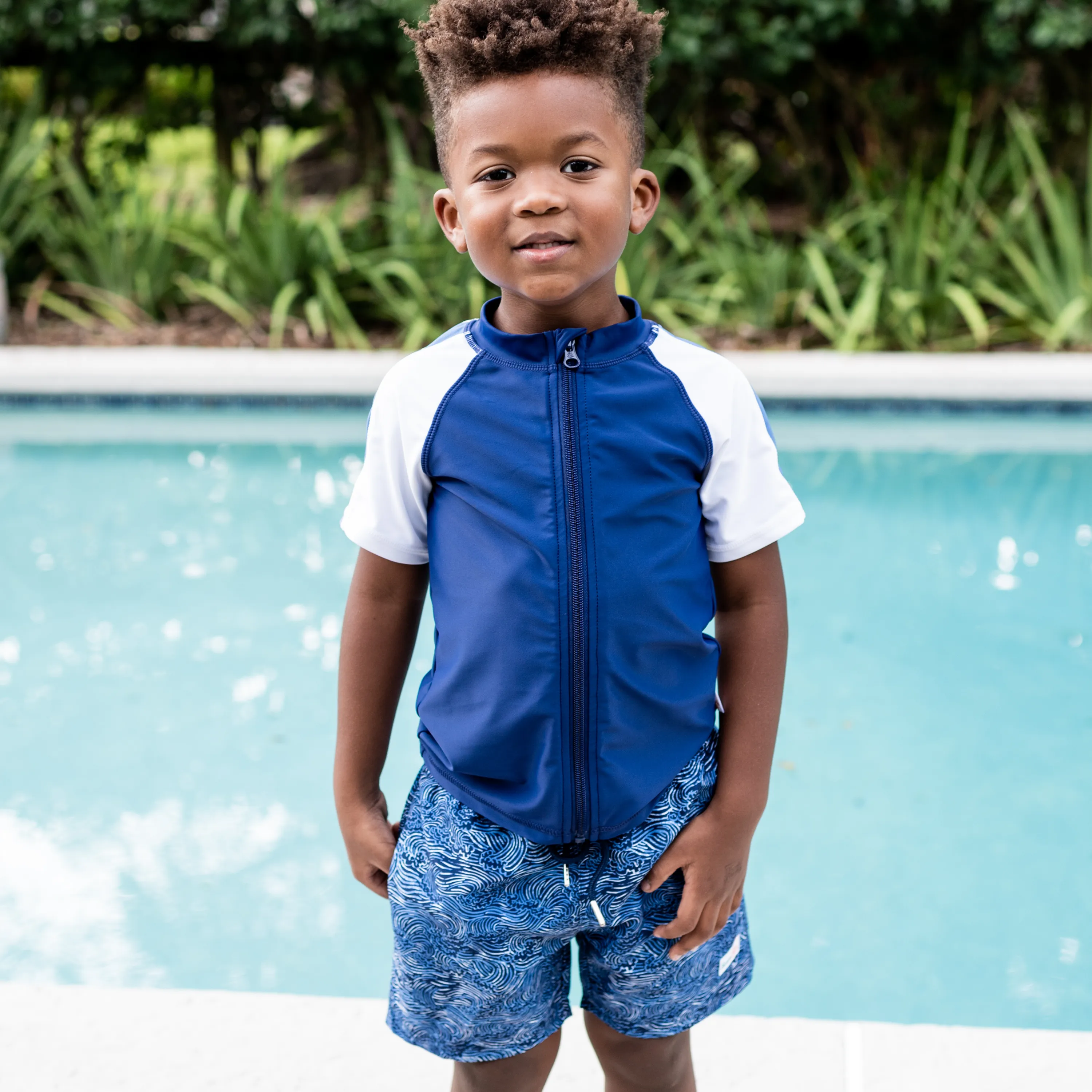 Boys Short Sleeve Zipper Rash Guard and Swim Trunk Set | "Ocean Breeze"