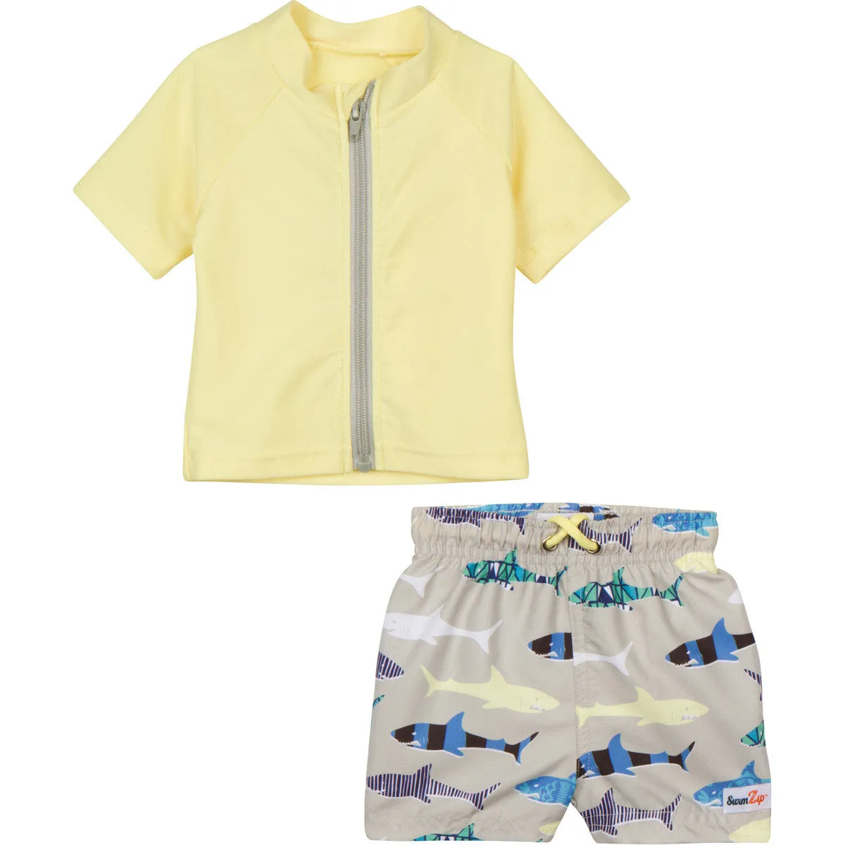 Boys Short Sleeve Zipper Rash Guard and Swim Trunk Set | "Shark Feast"