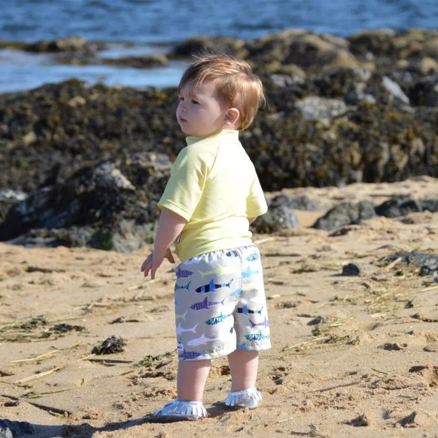 Boys Short Sleeve Zipper Rash Guard and Swim Trunk Set | "Shark Feast"