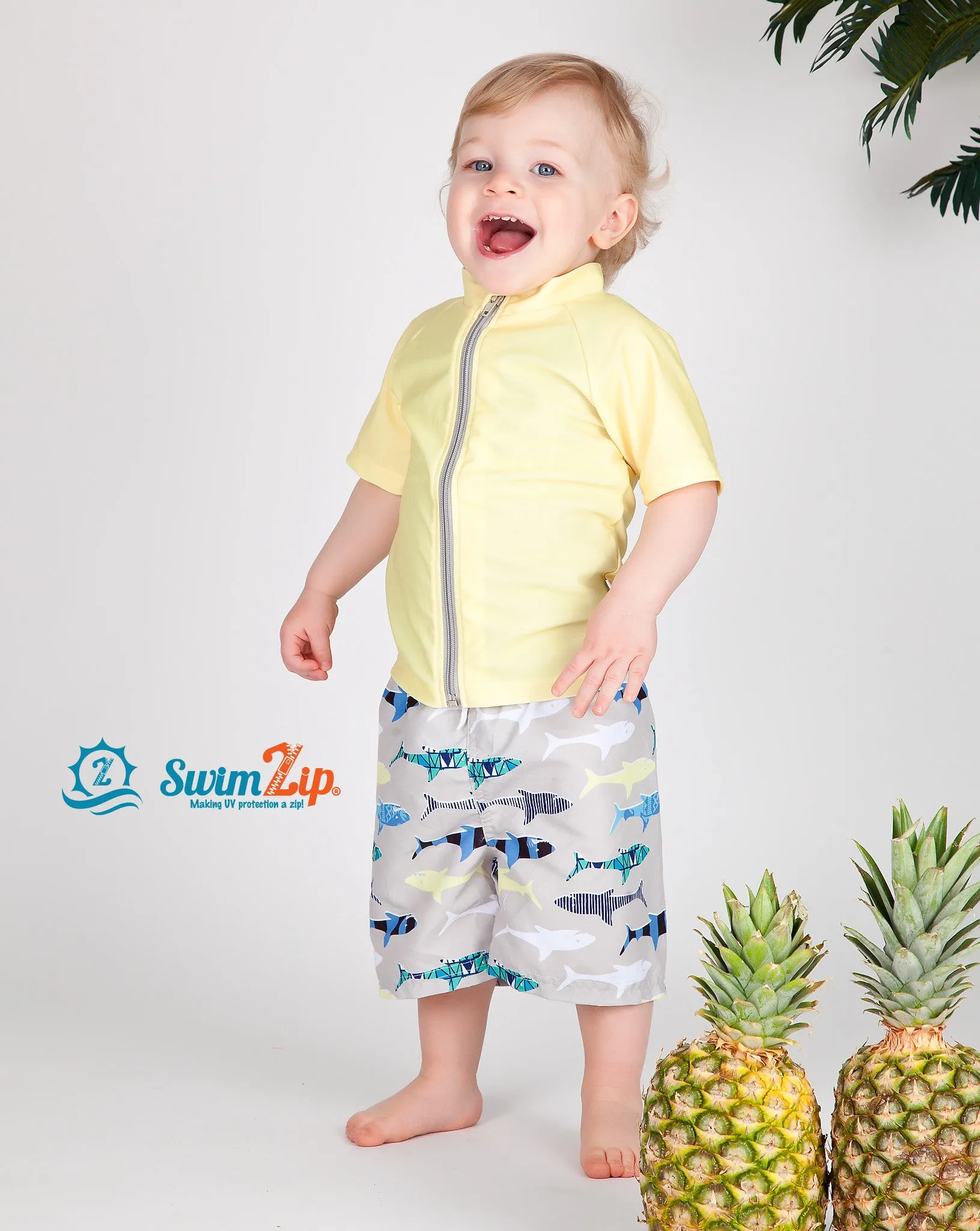 Boys Short Sleeve Zipper Rash Guard and Swim Trunk Set | "Shark Feast"