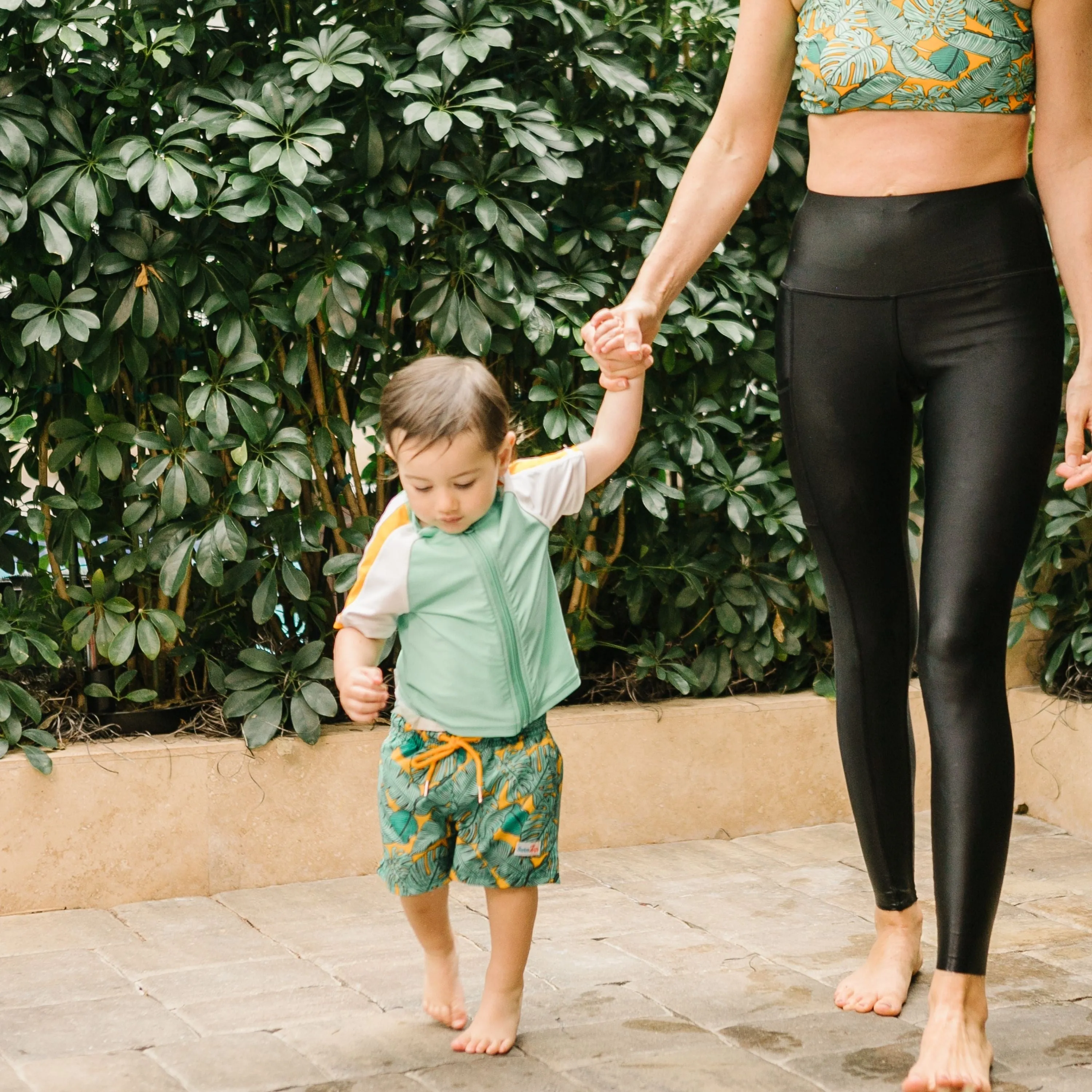 Boys Short Sleeve Zipper Rash Guard and Swim Trunk Set | "The Tropics"