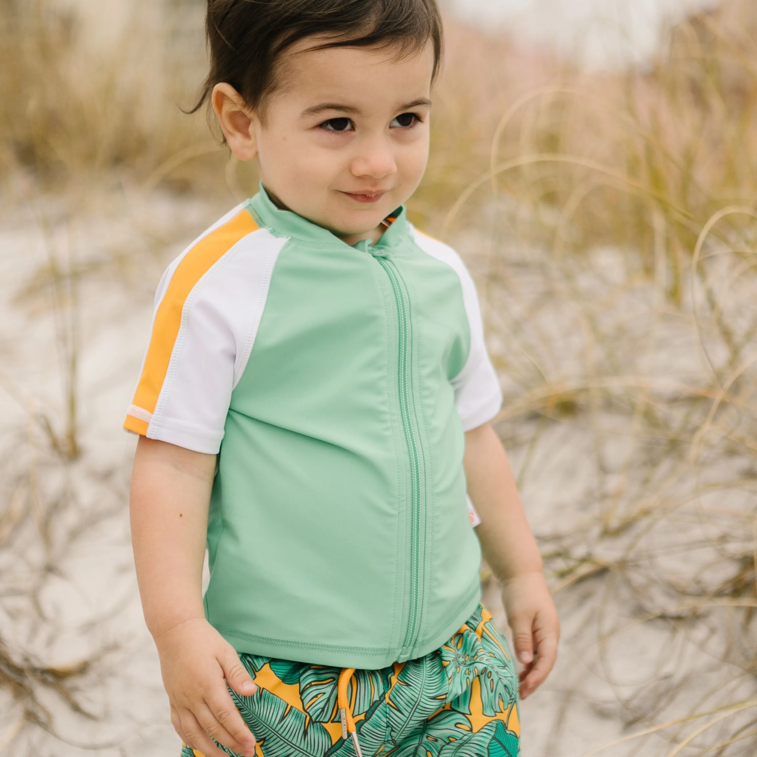 Boys Short Sleeve Zipper Rash Guard and Swim Trunk Set | "The Tropics"
