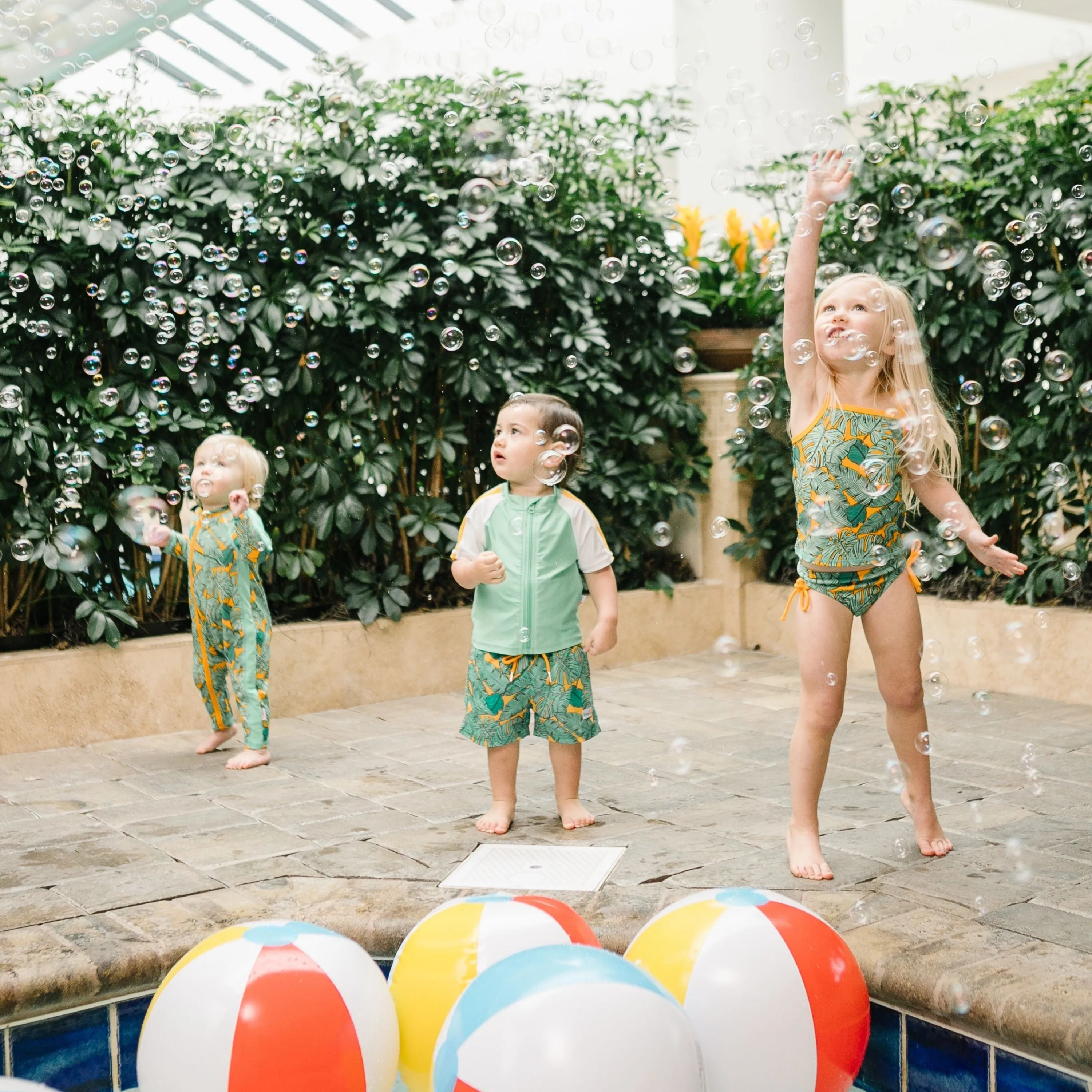 Boys Short Sleeve Zipper Rash Guard and Swim Trunk Set | "The Tropics"