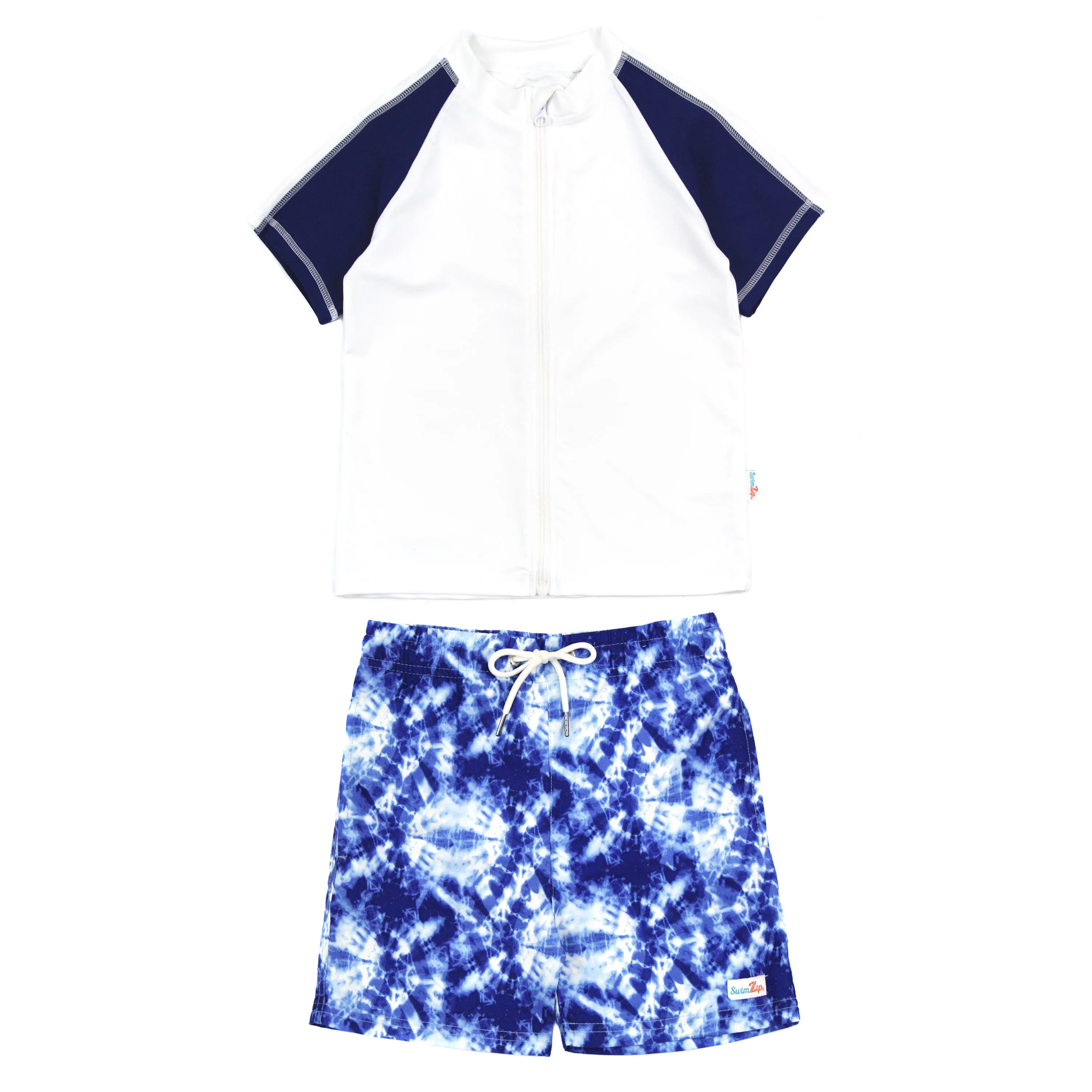 Boys Short Sleeve Zipper Rash Guard and Swim Trunk Set | "Tie Dye"