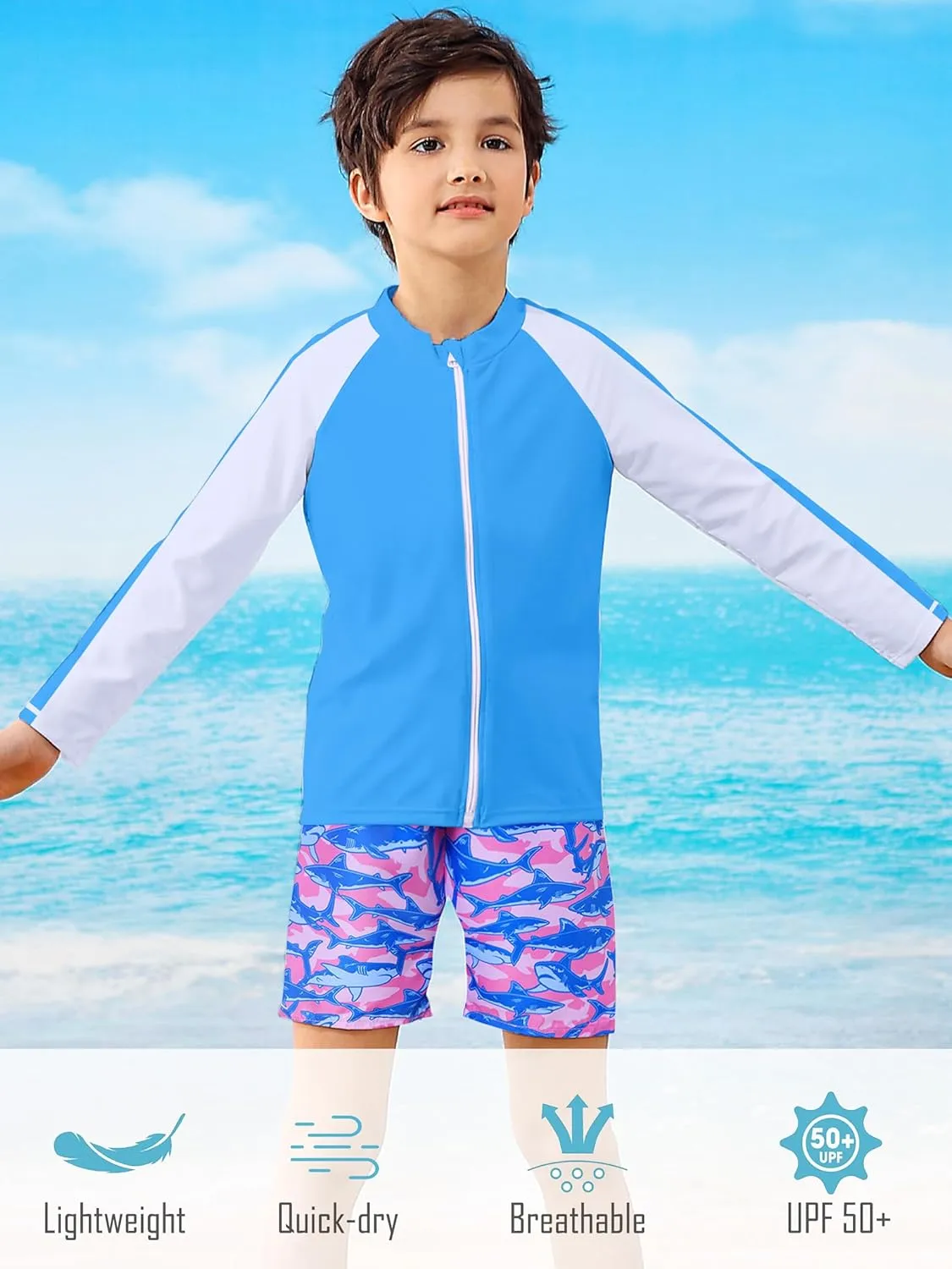 Boys Two Piece Swim Set Zipper Rash Guard Swimsuits Long Sleeve Bathing Suit for 4-12 Years