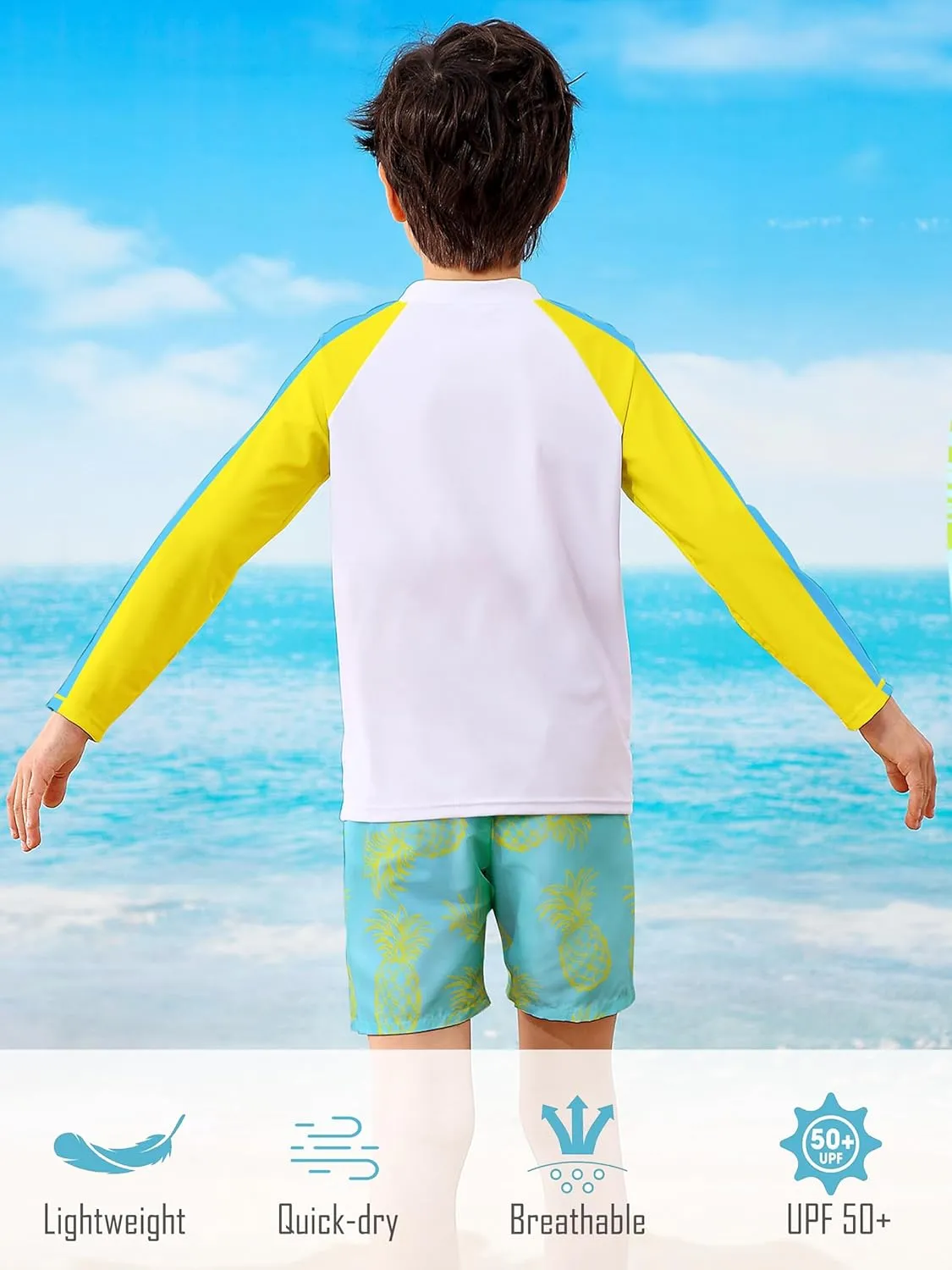 Boys Two Piece Swim Set Zipper Rash Guard Swimsuits Long Sleeve Bathing Suit for 4-12 Years