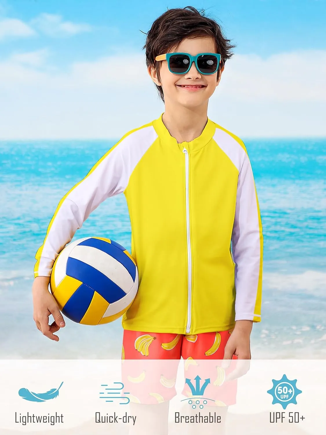 Boys Two Piece Swim Set Zipper Rash Guard Swimsuits Long Sleeve Bathing Suit for 4-12 Years
