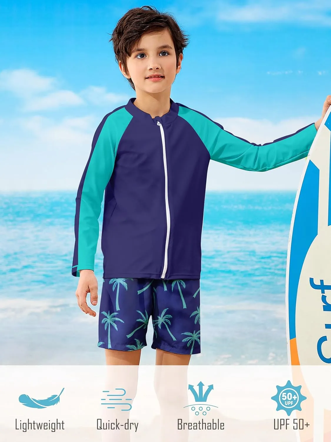 Boys Two Piece Swim Set Zipper Rash Guard Swimsuits Long Sleeve Bathing Suit for 4-12 Years