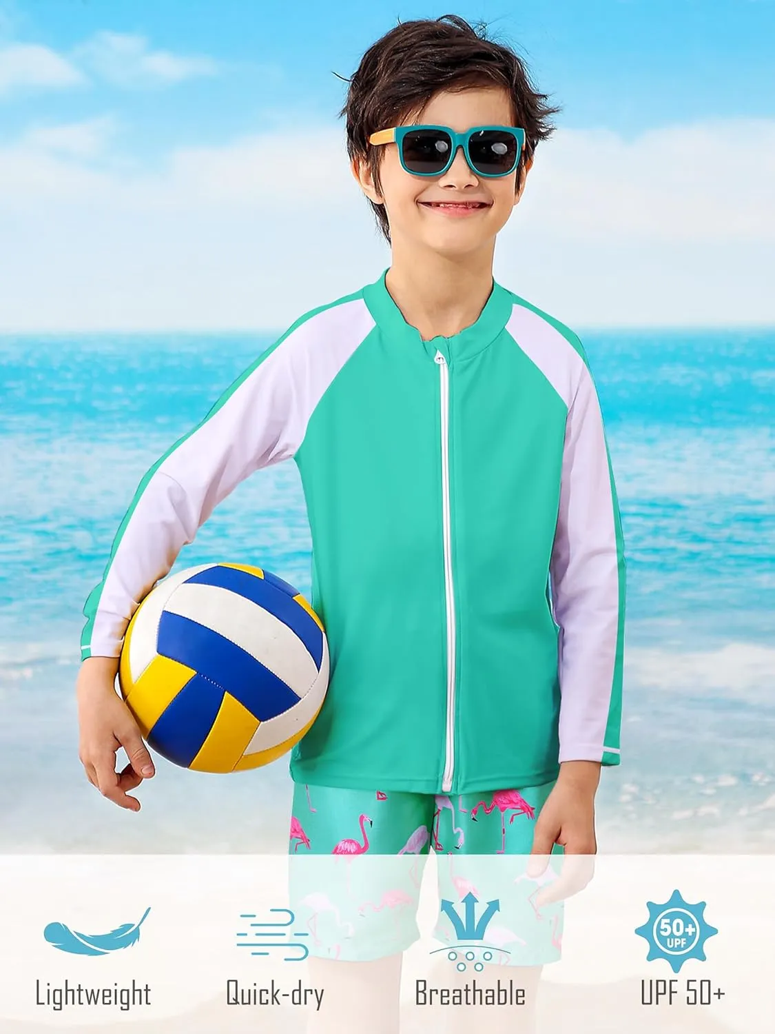Boys Two Piece Swim Set Zipper Rash Guard Swimsuits Long Sleeve Bathing Suit for 4-12 Years