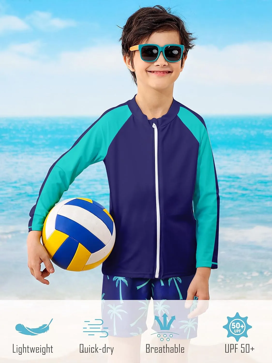 Boys Two Piece Swim Set Zipper Rash Guard Swimsuits Long Sleeve Bathing Suit for 4-12 Years