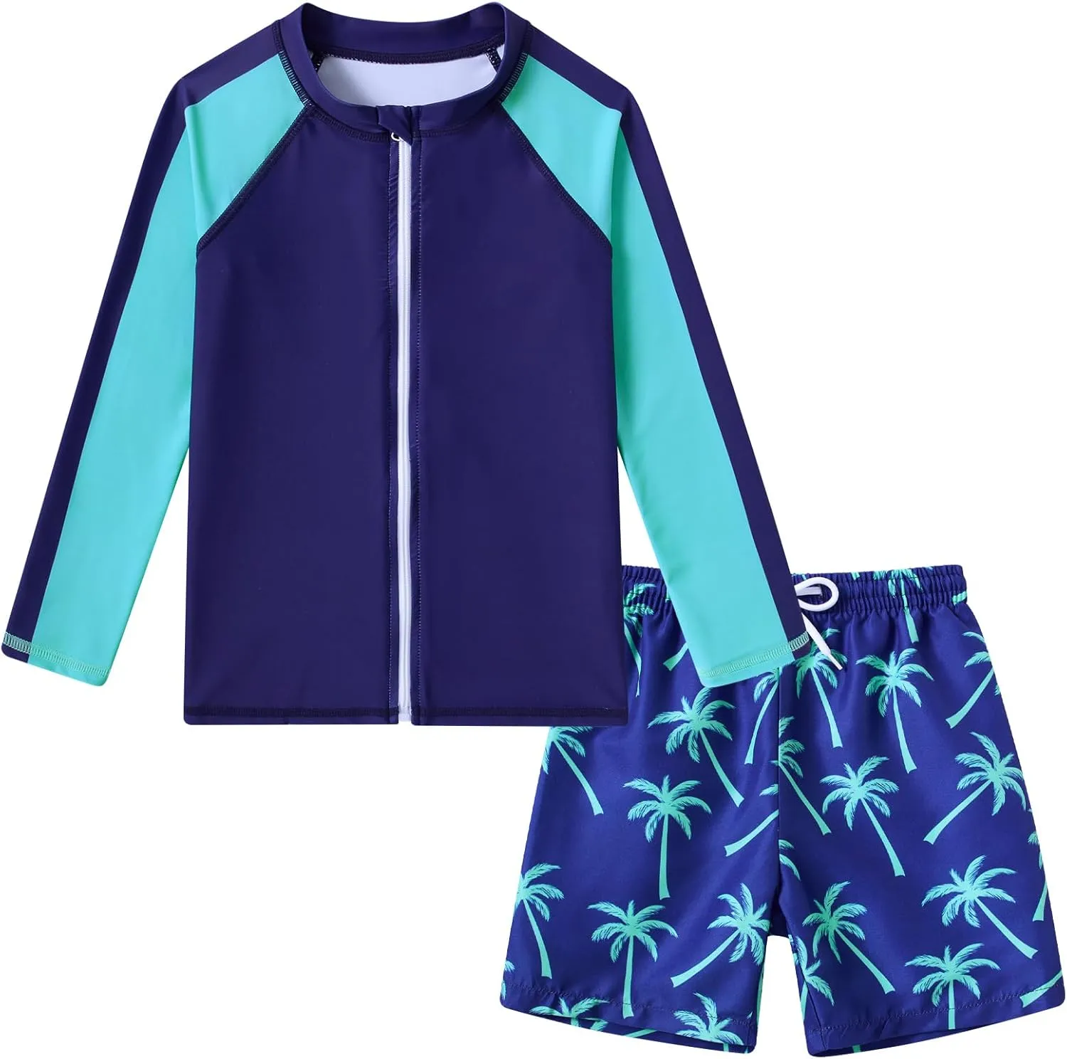 Boys Two Piece Swim Set Zipper Rash Guard Swimsuits Long Sleeve Bathing Suit for 4-12 Years